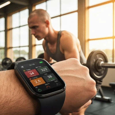 Fitness tracker showing progress on a workout, with a person exercising in the background