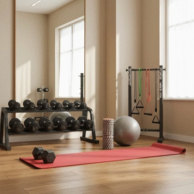 Various home gym equipment including dumbbells, yoga mat, foam roller, and stability ball in a clean home gym setting, no text, no words, no typography, 8K, natural lighting