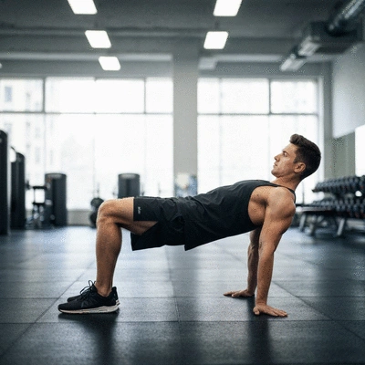 Person in athletic wear performing a glute exercise in a gym setting