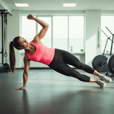 Female runner doing a side plank with leg lift