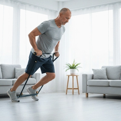 Person using a resistance band for glute exercises at home, bright and clean environment, no text, no words, no typography, 8K, natural lighting
