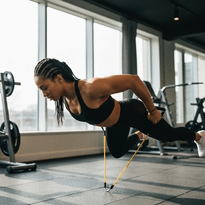 Woman performing glute exercises with resistance bands, focused and determined, in a modern gym setting
