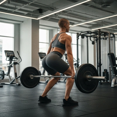 Person performing a glute-focused deadlift with proper form in a gym setting