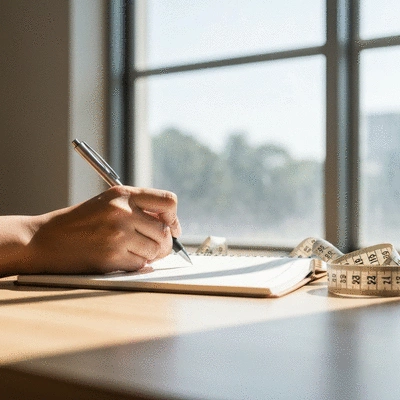 Close-up of a hand writing in a workout logbook next to measuring tape, symbolizing progress tracking