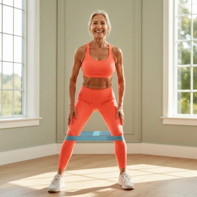 Senior woman performing glute activation exercise with resistance band