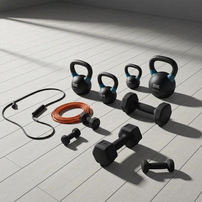 Various home fitness equipment like resistance bands, dumbbells, and kettlebells arranged neatly