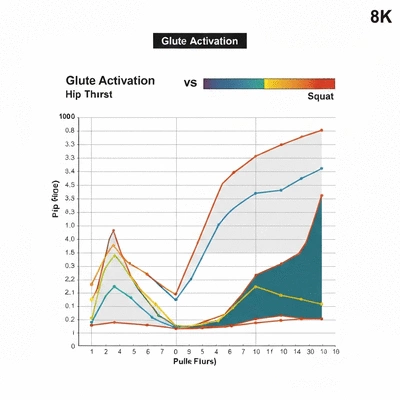 Scientific chart showing glute activation levels for hip thrusts versus squats, no text, no words, no typography, no labels, clean image