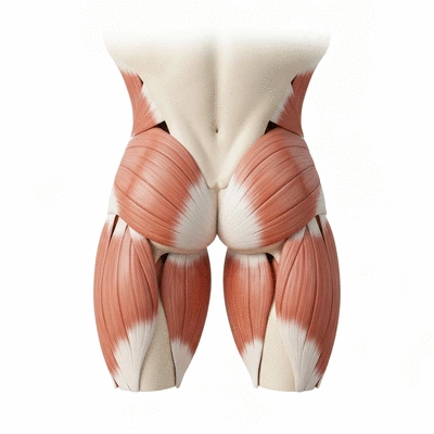 Detailed anatomical illustration comparing gluteus maximus, medius, and minimus muscles