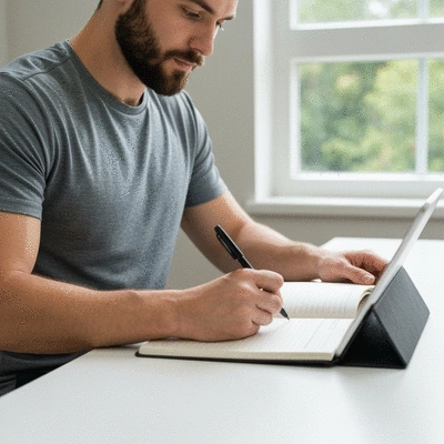Woman tracking her glute workout progress in a journal