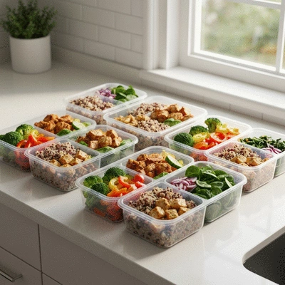 Healthy meal prep containers with protein, carbs, and vegetables, symbolizing nutrition for muscle growth and recovery