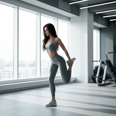 Person stretching or warming up their glutes in a bright, modern fitness studio