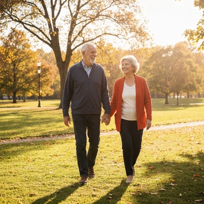 Happy senior couple walking outdoors, demonstrating good mobility