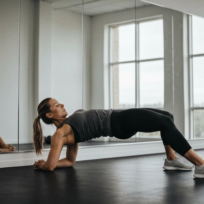 Woman performing glute bridge exercise in a gym
