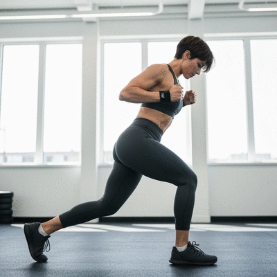 Person performing a glute activation exercise such as a clam shell or band walk, in a clean gym setting